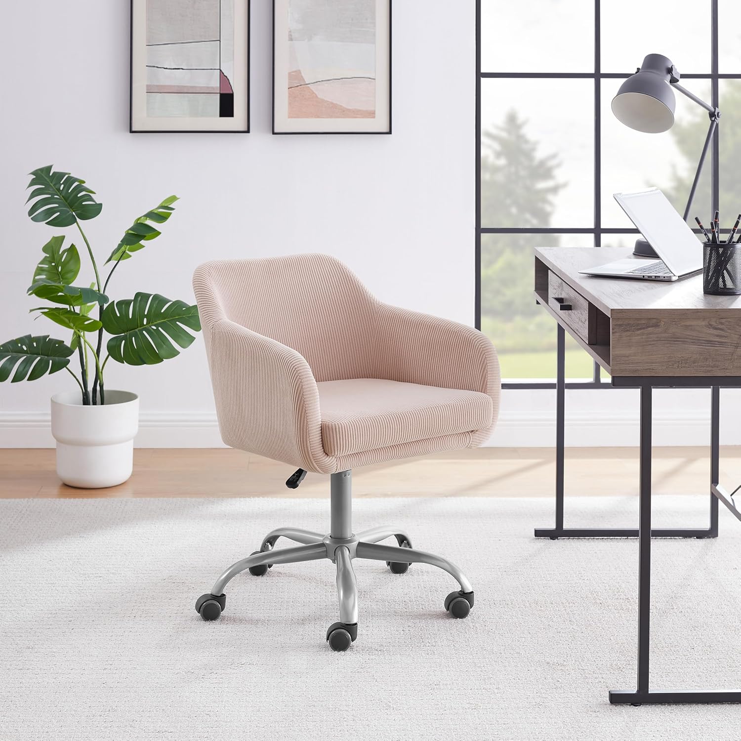 Linon Brooklyn Light Pink Corduroy Upholstered Swivel Office Chair